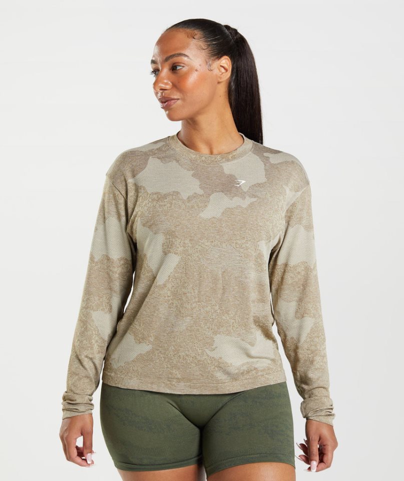 Koszulki Gymshark Adapt Camo Seamless Long Sleeve Top Damskie Szare | PL 783RQN